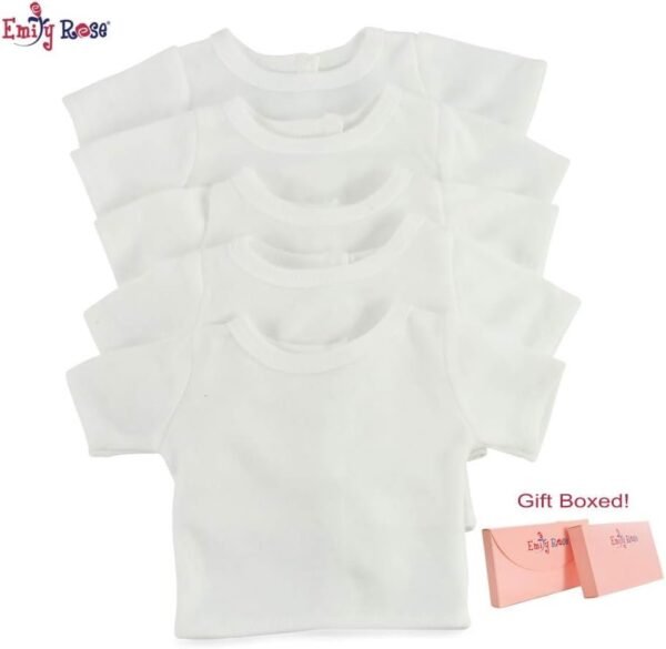 18 Inch Doll 5 Pack Plain Bright White, Double Stitched T-Shirts - Easy Close Velcro Back | Perfect Kids Craft Party Activity! 80/20 Cotton/Poly Blend | Doll Tee Shirts fit American Girl Dolls