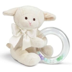 Bearington Baby Lamby Plush Stuffed Animal Cream Lamb Shaker Toy Ring Rattle, 5.5'
