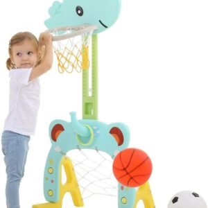 Basketball Hoop Set, 3 in 1 Sports Activity Center Grow-to-Pro Adjustable Easy Score Basketball Hoop, Football / Soccer Goal, Ring Toss Cute Giraffe Best Gift for Baby Infant Toddler