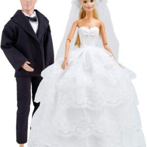 E-TING Beautiful Gown Bride Dress Clothes with Veil and Groom Business Suit for Boy Girl Dolls