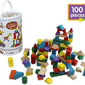 Right Track Toys Wooden Blocks - 100 Pc Wood Building Block Set with Container (Rainbow Colored) - 100% Real Wood in 7 Colors and 14 Shapes
