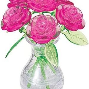 BePuzzled Original 3D Crystal Jigsaw Puzzle - Pink Roses in Vase DIY Assembly Brain Teaser, Fun Model Toy Gift Flower Decoration for Adults & Kids Age 12 and Up, 44 Pieces (Level 2)