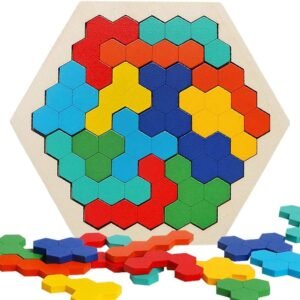 Wooden Hexagon Puzzle for Kid Adults, Colorful Shape Pattern Block Tangram Brain Teaser Toy Geometry Logic IQ Game STEM Montessori Educational Gift for All Ages Challenge Children