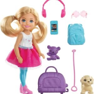 Barbie Chelsea Travel Doll, Blonde, with Puppy, Carrier & Accessories, for 3 to 7 Year Olds