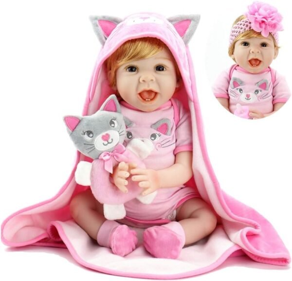 Aori Reborn Baby Dolls 22 Inch Handmade Realistic Baby Girl Doll with Kitty Hood Birthday Set for Girls Age 3