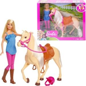Barbie Doll, Blonde, Wearing Riding Outfit with Helmet, and Light Brown Horse with Soft White Mane and Tail, Gift for 3 to 7 Year Olds????