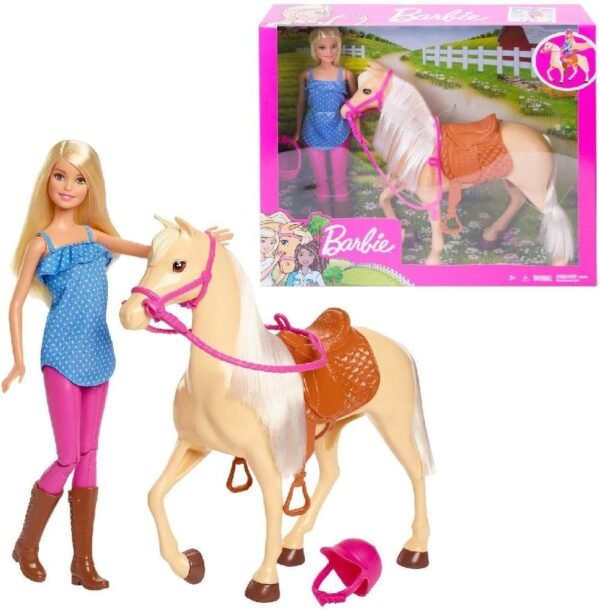 Barbie Doll, Blonde, Wearing Riding Outfit with Helmet, and Light Brown Horse with Soft White Mane and Tail, Gift for 3 to 7 Year Olds????