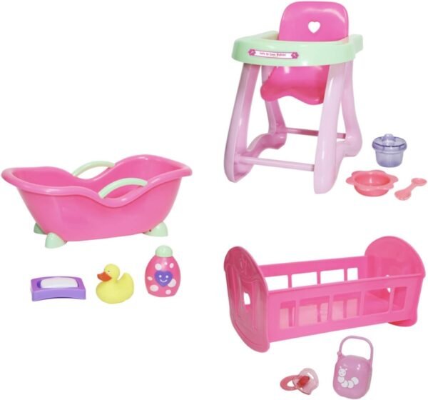 JC Toys Deluxe Doll Accessory Bundle Featuring High Chair, Crib, Bath and Accessories for Dolls up to 11'.