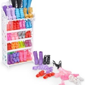 E-TING Doll Shoes Rack Shoes Shelf Accessory with 20 Pairs High Heel Shoes Boots for Girl Doll Playset Accessories