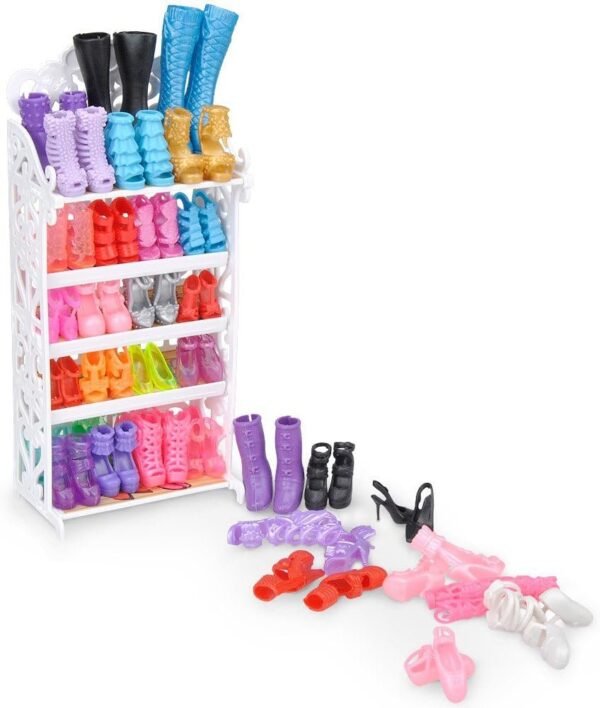 E-TING Doll Shoes Rack Shoes Shelf Accessory with 20 Pairs High Heel Shoes Boots for Girl Doll Playset Accessories
