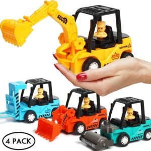 Construction Toys 4 Pack Set with Excavator, Bulldozer, Road Roller, Lift Truck Toys, Friction Powered Push and Go Toy Cars for Toddlers, Kids, 3,4,5,6 Year Old Boy, Girl, Sandbox Trucks Vehicles