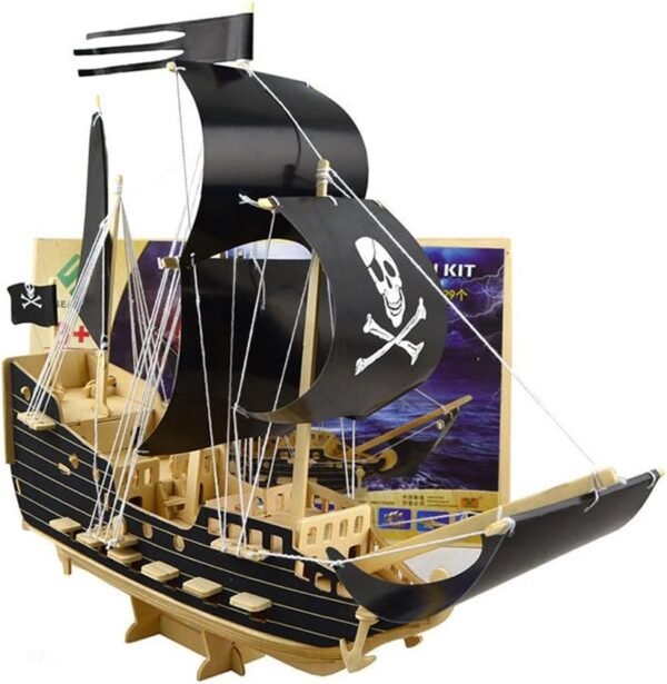 3D Wooden Jigsaw Puzzle Pirate Ship Black Wood DIY Sailing Ships Building Block, Pirate Ship,Kids Educational Puzzle Toy Brain Teasers Hand Craft Kits,Model Pirate Ship kit,129 Pieces,