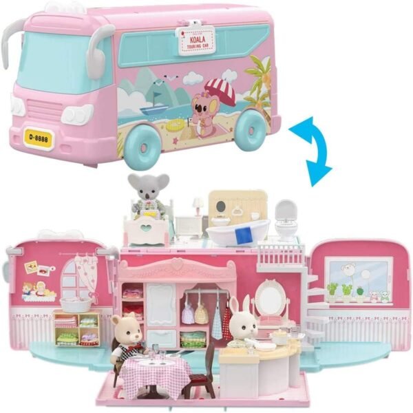 Mitcien Dollhouse Playset, DIY Pretend Portable Caravan Camper Bus Toy Kit with Little Critters Bunny Dolls Mini Cottage House Set Camping Family Toys for Toddler 3 4 5 6 Year Old Girl