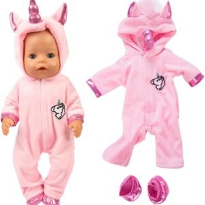 ebuddy 2pc/Set Unicorn Costume Jumpsuit Doll Clothes with Shoes for 43 cm New Born Baby Dolls/ 15 inch Dolls, Pink