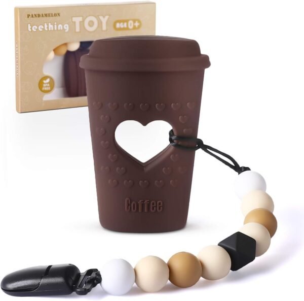 Pandamelon Baby Teething Toys, Coffee Cup Teether with Pacifier Clip Holder Kit, for Newborn Infants, BPA Free Silicone, for Boy/Girl (Brown)