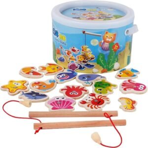 bodolo Wooden Children's Puzzle Board Magnetic Fishing Game Set with 14 Marine Animals and 2 Poles