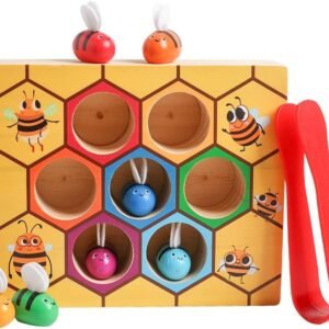 JCREN Montessori Toys for Toddlers,Fine Motor Skill Clamp Bee to Hive Matching Game Wooden Sensory Color Sorting Puzzles Pre-Kindergarten Learning Educational Toys for 1 2 3 Year Olds Baby Boys Girls