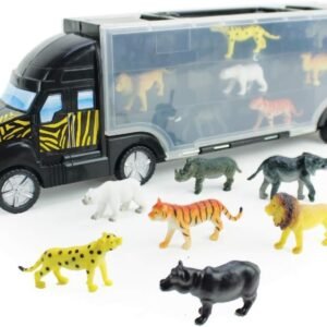 Boley 8 Piece 14' Safari Transport Truck Carrier - Miniature Animal Figures with Semi Truck Trailer Toy - Loadable Miniature Animals with Portable Truck and Collapsible, Easy-to-Hold Handle