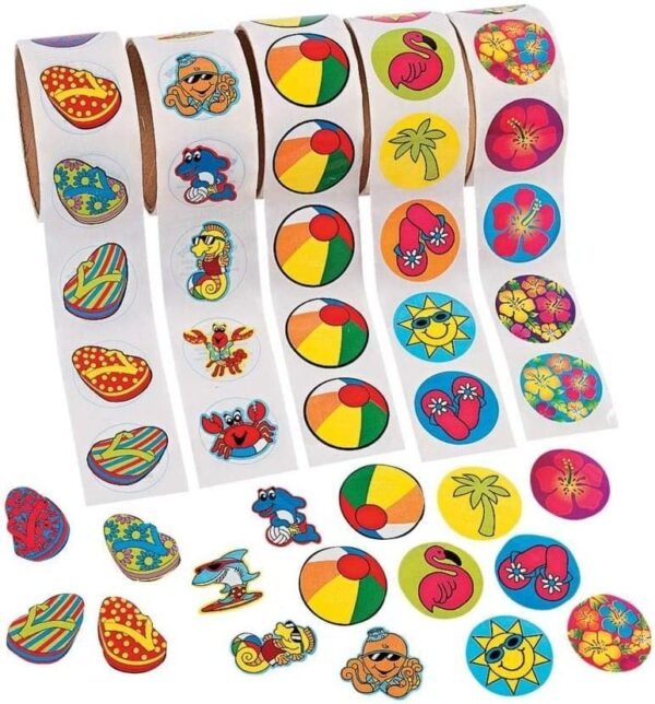 Fun Express 500 (5 Rolls) Tropical Stickers/Hibiscus/FLIP Flop/Beach Ball/SEA Creatures/Luau Party Theme/Favors/Decor