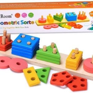 BettRoom Wooden Educational Preschool Toddler Toys for 3 4-5 Year Old Boys Girls Shape Color Recognition Geometric Board Blocks Stack Sort Kids Children Non-Toxic Toy(14IN)