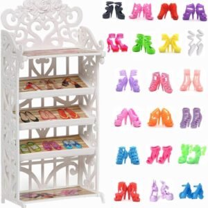 DoubleWood 1 Doll Shoes Rack + 20 Pairs Doll Shoes Replacement Playset Accessories Different Assorted Colors High Heel Boots Sandals Doll Shoes Set for 11.5 Inch Girl Doll