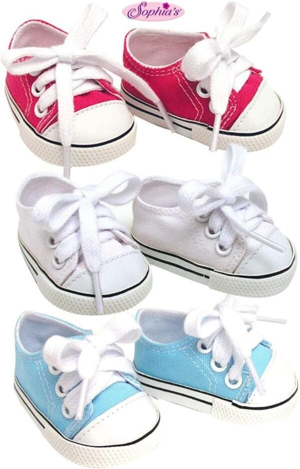 18 Inch Doll Sneakers. Sneaker Set to fit American Girl Dolls. White, Hot Pink & Blue Sneakers