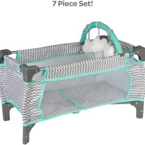 Adora Baby Doll Crib Zig Zag Deluxe Pack N Play, Fits Dolls up to 20 inches, Bed/Playpen/Crib, Changing Table, Mobile with 3 Clouds and Storage Bag