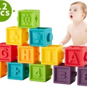 Bu-buildup BBU.02.001 Squeeze Baby Blocks, Soft Building Blocks for Toddlers, Teething Chewing Toys, Educational Baby Toys with Animals, Shapes, Textures, Numbers, 12 PCS for Baby 6 Month & Up