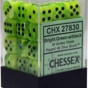 Chessex Dice d6 Sets: Vortex Bright Green with Black - 12mm Six Sided Die (36) Block of Dice (1-Pack)