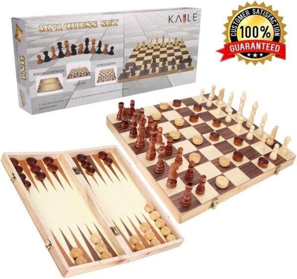 KAILE 3-in-1 Wooden Chess Set & Checkers & Backgammon Set with Folding Carrying Case Folding and Travel Chess Board for Adults and Kids 13 inch