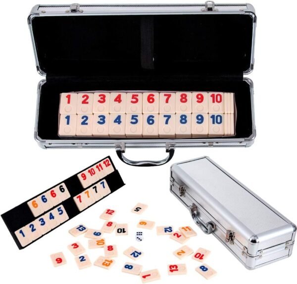 Rummy 106 Rummy Tiles Game, Tocebe Travel Games Rummy Board Game, Rummy Set with Aluminum Case & 4 Anti-Skid Durable Trays