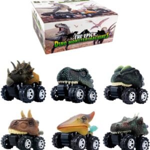 DINOBROS Dinosaur Toy Pull Back Cars 6 Pack Dinosaur Boy Toys Age 3,4,5,6,7 Dino T-Rex Games