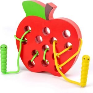Wooden Apple Lacing Toy with 2 Worms, WOOD CITY Fine Motor Skill Toys, Airplane Travel Toys, Apple Threading Game Early Learning Montessori Toys for Toddlers 1 2 3 Years Old