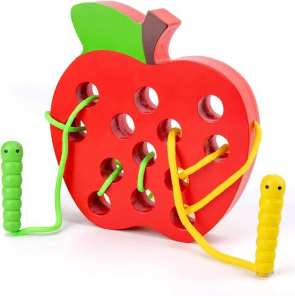 Wooden Apple Lacing Toy with 2 Worms, WOOD CITY Fine Motor Skill Toys, Airplane Travel Toys, Apple Threading Game Early Learning Montessori Toys for Toddlers 1 2 3 Years Old