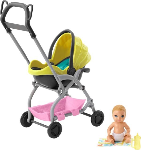 Barbie Skipper Babysitters Inc. Doll and Playset, Small Baby Doll with Yellow and Pink Stroller with Rolling Wheels and Removable Seat, Plus Blanket and Bottle, Gift for 3 to 7 Year Olds????