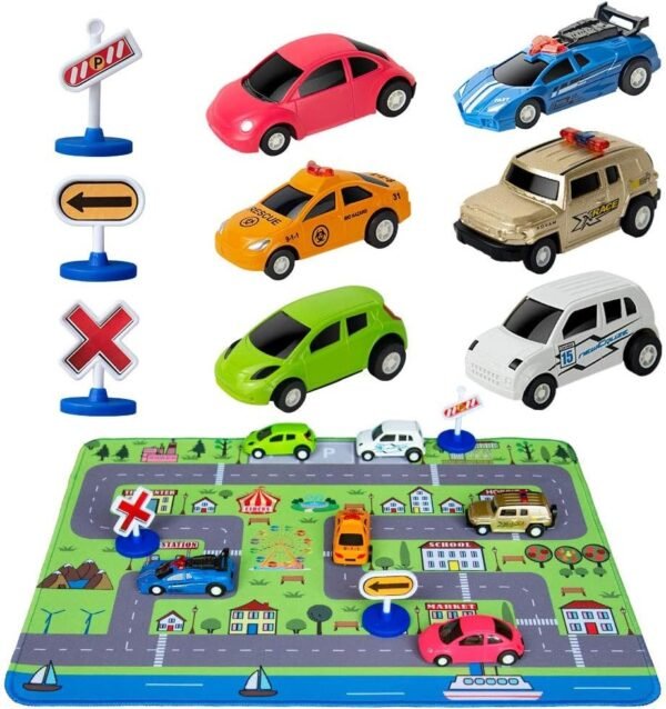 Car Toys with Play Mat, 6 Toy Cars, 3 Road Signs, 14' x 18' City Playmat, City Vehicle Set, Mini Pull Back Vehicle Toys