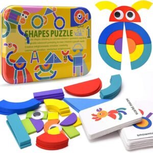 Wooden Pattern Blocks Toddler Puzzles, 36 Shape Pieces & 50 Animals Jigsaw Design Cards for Playing Games, Brain Teaser Sorting Stacking Game Early Educational Montessori Toy for kids 3+ Years Old