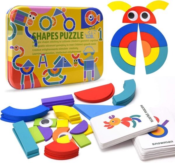 Wooden Pattern Blocks Toddler Puzzles, 36 Shape Pieces & 50 Animals Jigsaw Design Cards for Playing Games, Brain Teaser Sorting Stacking Game Early Educational Montessori Toy for kids 3+ Years Old