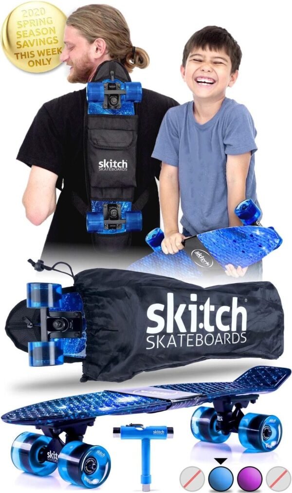 SKITCH Complete Skateboard Gift Set for All Ages with 22 Inch Mini Cruiser Board + Skateboard Backpack + Skate Tool + Tote Bag
