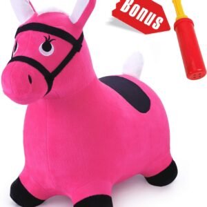 iPlay, iLearn Pink Hopping Horse, Outdoors Ride On Bouncy Animal Play Toys, Inflatable Hopper Plush Covered with Pump, Activities Gift for 3, 4, 5 Age Year Old Kids Toddlers Boys Girls