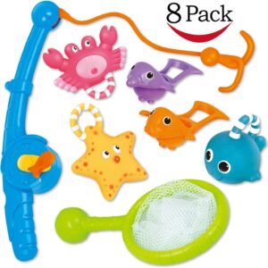 Bath Toy, Fishing Floating Squirts Toy and Water Scoop with Organizer Bag(8 Pack), KarberDark Fish Net Game in Bathtub Bathroom Pool Bath Time for Kids Toddler Baby Boys Girls, Bath Tub Spoon