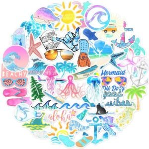 50 pcs hydroflask Stickers, Ocean Beach Themed Stickers for Laptop, Water Bottle, Hydro flasks, Wall, Bumper, Computer, Waterproof, VSCO Girl Stuff, Cute vsco Stickers for Teen Girls
