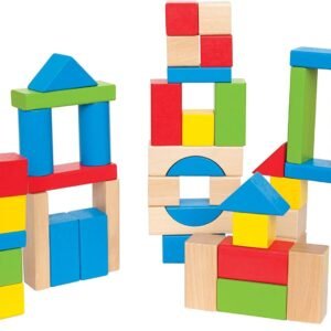 Maple Wood Kids Building Blocks by Hape | Stacking Wooden Block Educational Toy Set for Toddlers, 50 Brightly Colored Pieces in Assorted Shapes and Sizes
