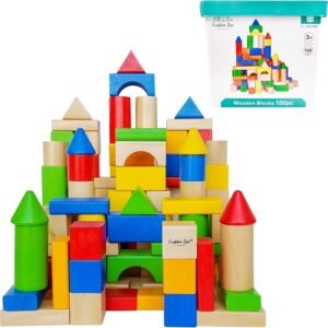 Cubbie Lee Premium Wooden Building Blocks Set - 100 pc for Toddlers Preschool Age - Classic Hardwood Plain & Colored Small Wood Block Pieces for Boys & Girls - Classic Build & Play Toy