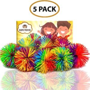Fun Toy Stringy Balls Game Set of 5 Bundle Gift Box Bulk Relief Relax Fidget Play Squeeze Sensory Rainbow Splat Ball Monkey Toy Pom Pom Stress Ball Games for Kids Children Adults Office and Home