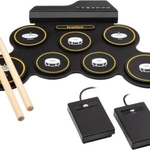 Ivation Portable Electronic Drum Pad - Digital Roll-Up Touch Sensitive Drum Practice Kit - 7 Labeled Pads 2 Foot Pedals Kids Children Beginners (No Speakers/AAA Battery Operated)