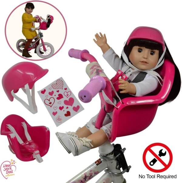 The New York Doll Collection Doll Bike Seat Carrier for Baby Dolls & American Girl Dolls with Doll Helmet & Stickers. No Tools Required Bicycle & Scooters Seat Accessories for Dolls, Pink
