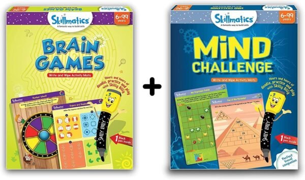 Skillmatics - Brain Games + Mind Challenge Bundle (Ages 6-99) | 12 Erasable and Reusable Activity Mats | 2 Travel Toys with Dry Erase Markers | Learning Tool for Kids 6, 7, 8, 9 Years
