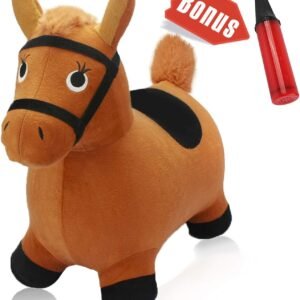 iPlay, iLearn Brown Hopping Horse Activity Toy, Outdoors Ride on Bouncy Animal Play Toys, Inflatable Hopper Plush Covered with Pump, Jumping Gifts for 3, 4, 5 Year Olds, Kids Toddlers Boys Girls