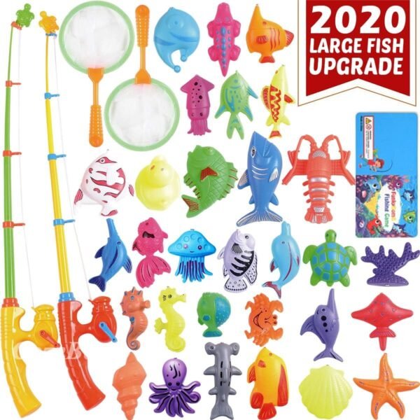CozyBomB Magnetic Fishing Pool Toys Game for Kids - Water Table Bath-tub Kiddie Party Toy with Pole Rod Net Plastic Floating Fish Toddler Color Ocean Sea Animals Age 3 4 5 6 Year Old